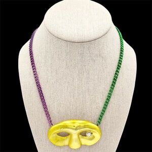 Mardi Gras Mask Necklace Purple Green Chain Gold Tone